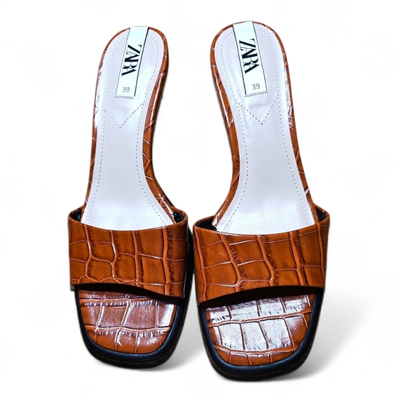 Zara Shoes - Zara Cognac Tan Croc-Embossed Leather Mule Heels Size 39 (8 US)